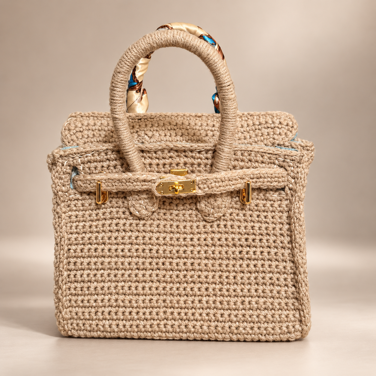 Front view of ZEUGE TASCHEN crochet handbag prototype with silk-wrapped handles
